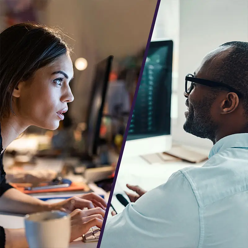 woman and man looking at computer screens