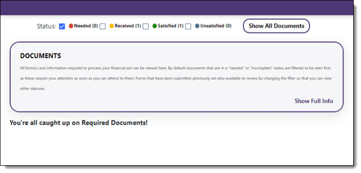 Screenshot, "You're all caught up on required documents" message